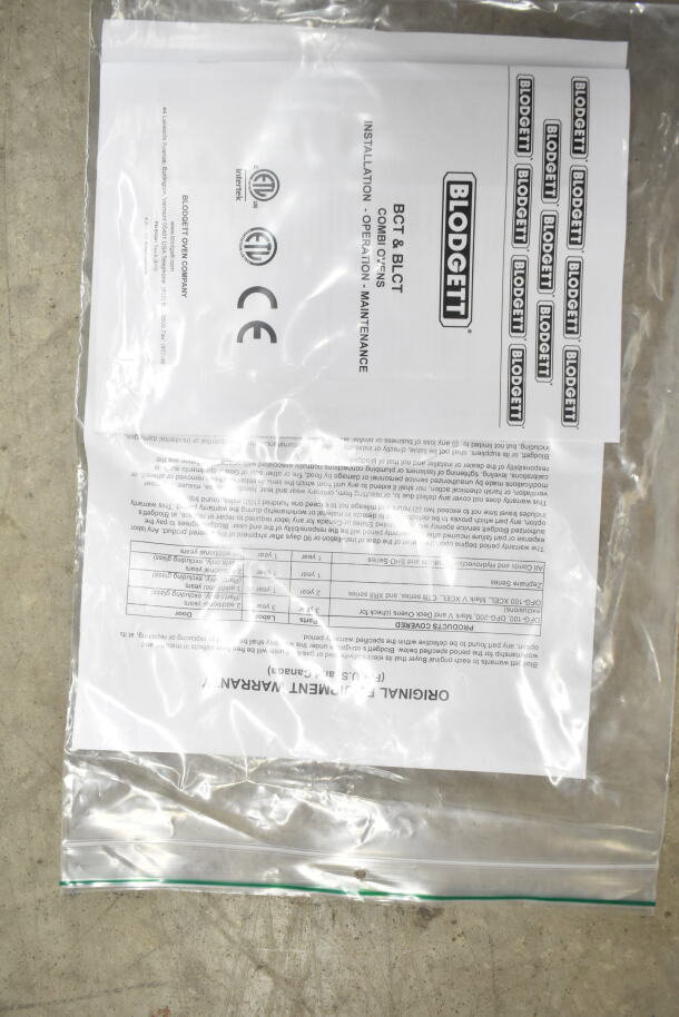 Instruction manual for Blodgett BLCT62EFS/CPE2.06 Combi Oven in plastic bag. Includes installation, operation, and maintenance info.