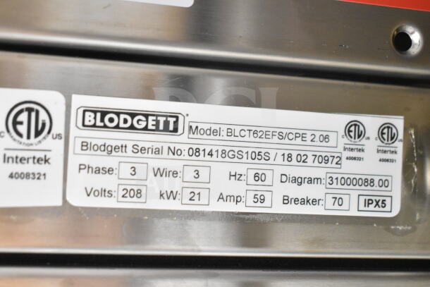 Label of a Blodgett BLCT62EFS/CPE2.06 combi convection oven, showing electrical specs: 208V, 3-phase, 21kW, 59A.