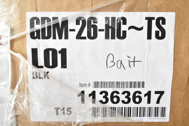 Label on box showing model GDM-26-HC, item #11363617, and handwritten note "Bait" for True commercial cooler.
