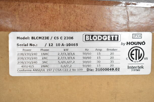Brand new Blodgett BLCM23E / CSC2306 combi convection oven label, 208/230/240-400/415 Volts, ETL certified.