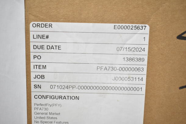 Label showing order details for a 2024 Perfect Fry PFA730 fryer. Includes serial number, PO, and due date.