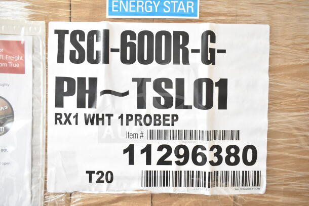 "True TSCI-600R-G-PH cooler merchandise label, ENERGY STAR certified, item #11296380, 115V, single phase."