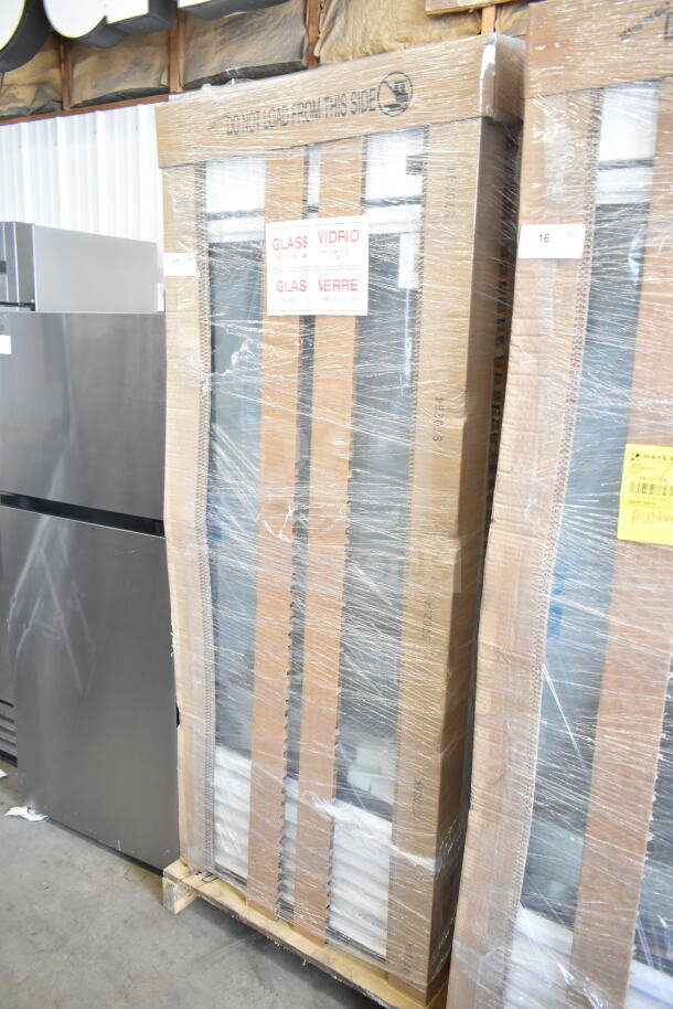 Brand new True TSCI-600R-G-PH commercial cooler, packaged with visible tags indicating glass panels. 115V, 1 Phase.