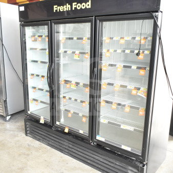 2020 True GDM-72-HC commercial 3-door reach-in cooler merchandiser, featuring glass doors, "Fresh Food" signage, and interior shelves.