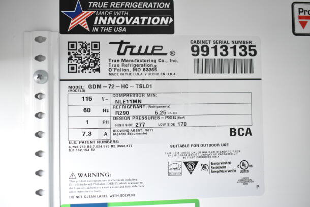 2020 True GDM-72-HC commercial cooler label showing model, refrigerant type R290, voltage 115V, and serial number 9913135.