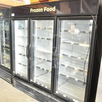 2020 True GDM-72F-HC commercial freezer with three glass doors, showing empty shelves. Model: GDM-72F-HC.