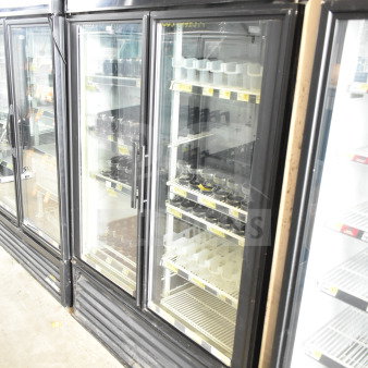 True GDM-49 commercial 2-door reach-in cooler merchandiser, black exterior, glass doors, 115 volts, 1 phase, used condition.