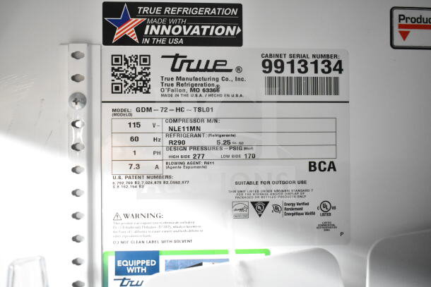 2020 True GDM-72-HC cooler label indicating model, voltage, refrigerant type, and design pressures. Serial: 9913134.