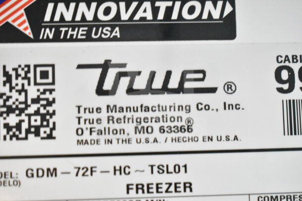 Label for 2020 True GDM-72F-HC Freezer Merchandiser, 115/208-230V, 1 Phase, made in USA, Model GDM-72F-HC.