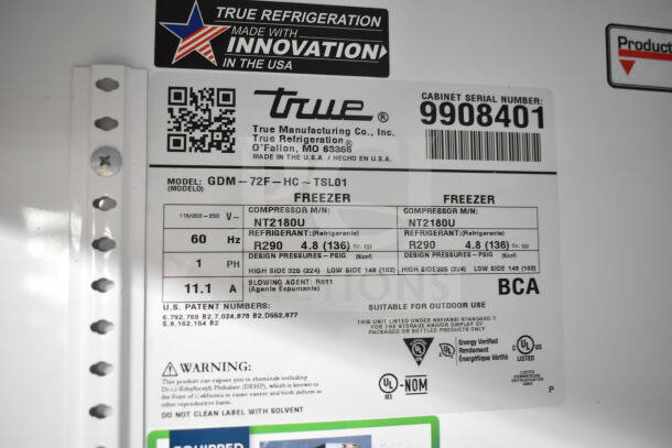 Label for 2020 True GDM-72F-HC freezer, showing model, serial number 9908401, voltage, and refrigerant info.