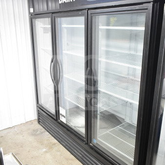 2020 True GDM-72-HC commercial 3-door reach-in cooler, black exterior, glass doors, shelving, 115V, good condition.