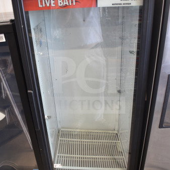 2016 True GDM-12-HC-LD cooler, single glass door, 115V, shelves, used condition, for commercial use, featuring DMP Bait Co branding.