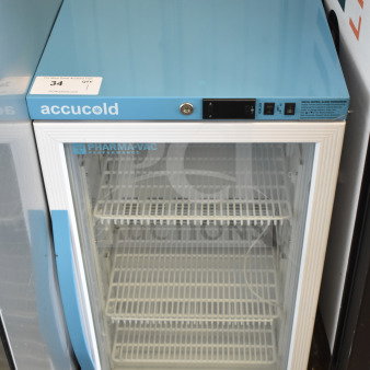 Accucold ARG3PV mini cooler with glass door, digital controls, and adjustable shelves, in good condition. 115V, 1 Phase.