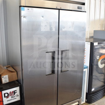 2019 True T-35-HC commercial 2-door reach-in cooler, stainless steel, 115 volts, in good condition. Visible label with model name.