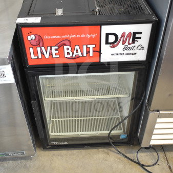 2019 True GDM-05-HC-LD mini cooler merchandiser, single door, 115V, used for live bait. Visible "Live Bait" signage.