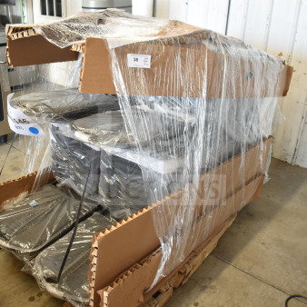 "20 Lancaster Crown Back Banquet Chairs, gray fabric, silver frame, new with scratch and dent, stacked and wrapped on pallet."