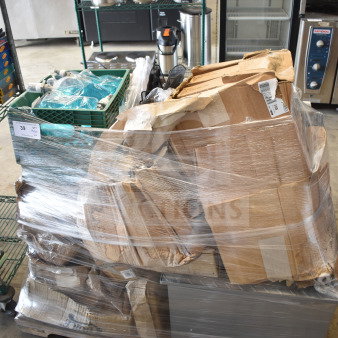 Pallet with assorted scratch and dent bowls and plates, packaged in damaged boxes, wrapped in plastic for auction sale.
