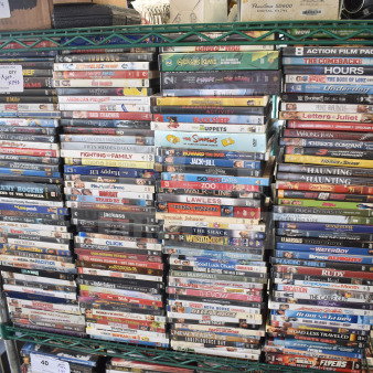 Collection of 340 DVDs, including titles like 8 Mile, The Simpsons, and Bad Teacher, stacked on shelves.