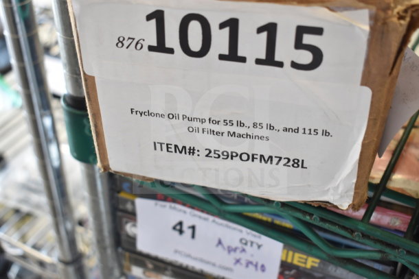 Box containing Fryclone Oil Pump 259POFM728L for 55, 85, 115 lb machines, labeled as lot 10115, auction quantity 41.