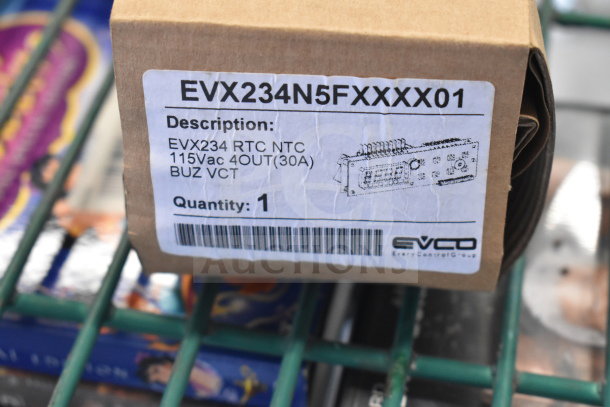 Box with EVX234N5FXXXX01 panel label, 115Vac, 4OUT (30A) by Evco. Part of a 4-item auction bundle.