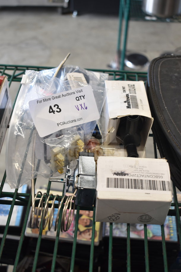 Assorted hardware items including FWE CONTACT2POLE120V relay, Garland thermostats, Manitowoc valve, and Noble basket bushing.