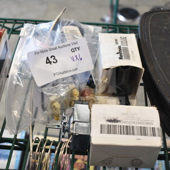 Assorted hardware items including FWE CONTACT2POLE120V relay, Garland thermostats, Manitowoc valve, and Noble basket bushing.