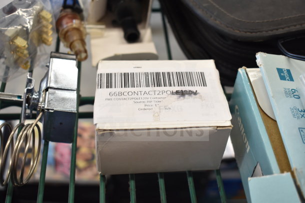 Box containing FWE CONTACT2POLE120V contactor relay 2-pole 120V 40, with label and barcode visible.