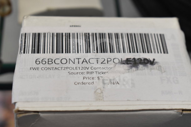 Box labeled "FWE CONTACT2POLE120V Contactor Relay 2-Pole 120V 40," with barcode, $7 price, source "RIP Ticket."
