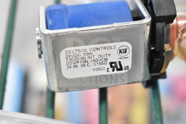 Deltrol Controls relay, 24VDC 16W, label showing specs and certification markings, NSF and RU compliant.