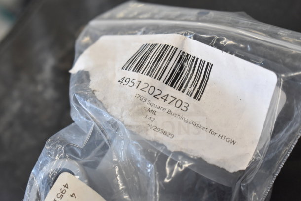 Clear plastic bag with labeled Noble Warewashing 49512024703 Square Basket Bushing visible, barcode shown, in new condition.