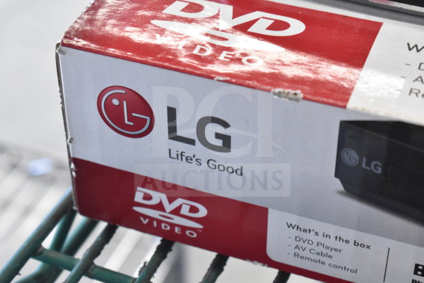 Box for LG DVD player showing logo and contents list: DVD player, AV cable, remote control. Box in good condition.