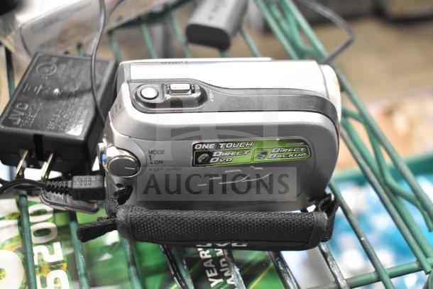 JVC video recorder with hard disk drive, showing mode switch and "One Touch" backup label, includes power adapter.