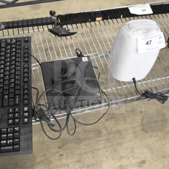 Three items: Lenovo keyboard, ProBreeze dehumidifier with power cord, and Lenovo ThinkCentre desktop. Auction lot marked "47".