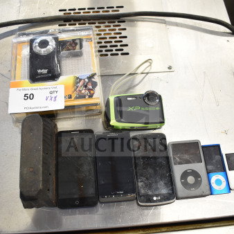 Eight electronic items including iPods, smartphones, a Vivitar camera, and a Fujifilm XP camera. Some wear visible.