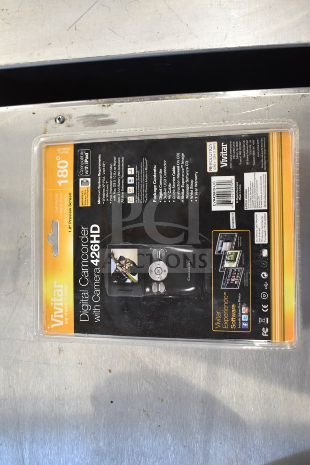 Packaging of a Vivitar digital camcorder with Camera 426HD, featuring 2.0" preview screen, new in original sealed package.