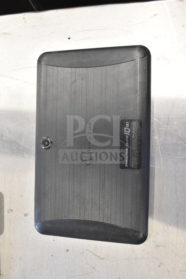 Visual Land Prestige Elite 10Q tablet, black, with logo and label detailing model and brand on the back.