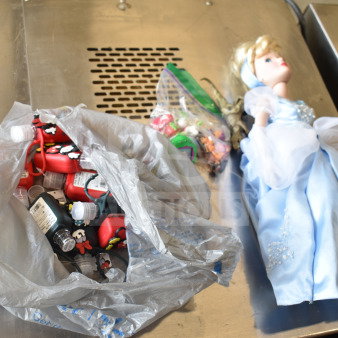 15-item lot: Cinderella doll, Tamagotchi, Strawberry Shortcake figurines, dinosaur toy, hand sanitizer cozies.