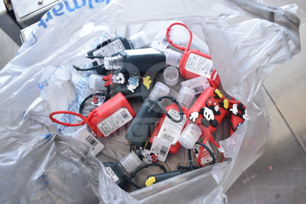 Plastic bag containing hand sanitizer cozies with cartoon designs. Includes price tags and "Drug Facts" labels.