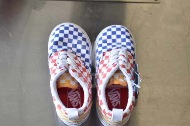 Vans Era Elastic Lace Tri Checkerboard Shoes, size 9, featuring vibrant red, blue, and yellow checkerboard pattern.