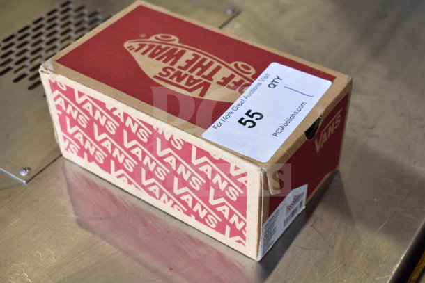 Box of Vans Era Elastic Lace Tri Checkerboard Shoes, size 9. Box shows Vans branding and auction label with number 55.