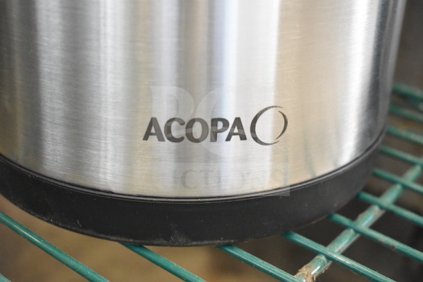 Acopa Air Pot, stainless steel with black base, featuring Acopa logo. In good condition. Ideal for beverages.
