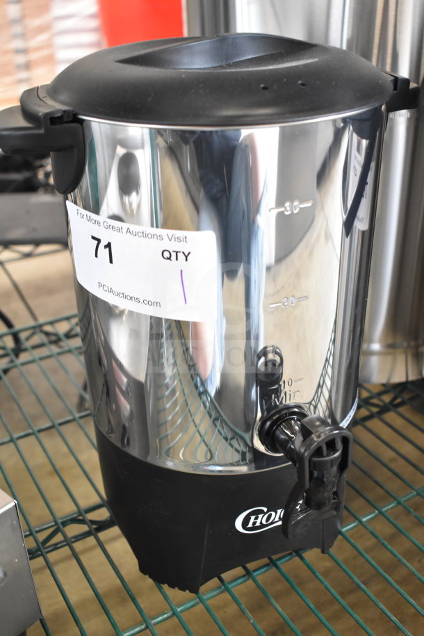 Choice 407CCU30 30-cup stainless steel coffee urn, single wall, 120V, with visible capacity markings. Auction tag "71."