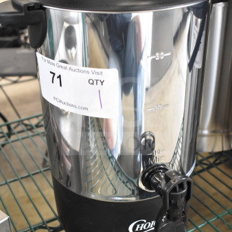 Choice 407CCU30 30-cup stainless steel coffee urn, single wall, 120V, with visible capacity markings. Auction tag "71."