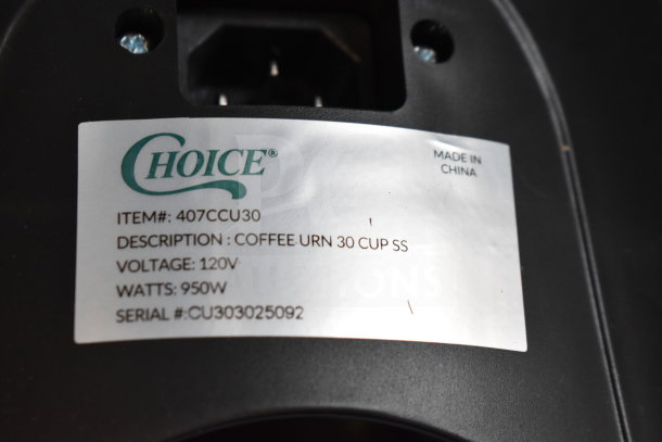 Choice 407CCU30 30 Cup Coffee Urn, stainless steel, single wall, 120V, 950W, label shows key specifications.
