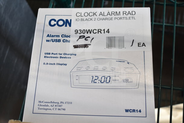 Conair WCR14 Alarm Clock Radio, USB port, 0.9" display, new condition. Box marked 930WCR14, includes 5 items.