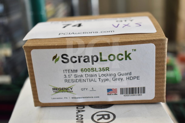 Box of ScrapLock 600SL35R sink drain locking guard, 3.5", residential use, grey HDPE, labeled, new condition.