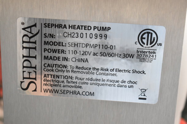 Sephra heated pump label with model SEHTDPMO110-01, power 110-120V, made in China, and safety cautions.