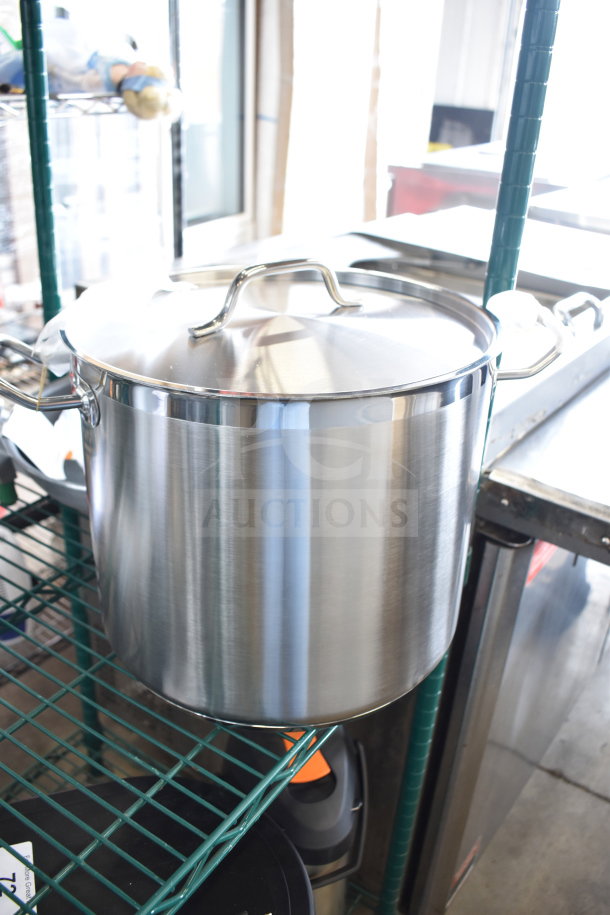 Brand new stock pot with lid, stainless steel, part of 9-item set including Vollrath fry pan and scratch/dent malt cup collar.