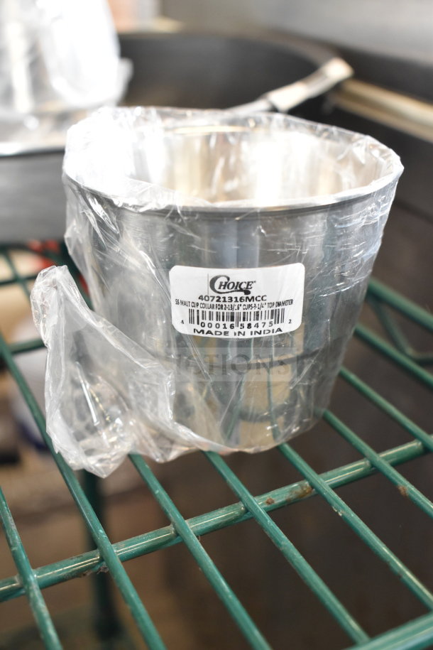 Stainless steel malt cup collar with plastic wrap and label. Model 40721316MCC. Made in India. Scratch and dent.