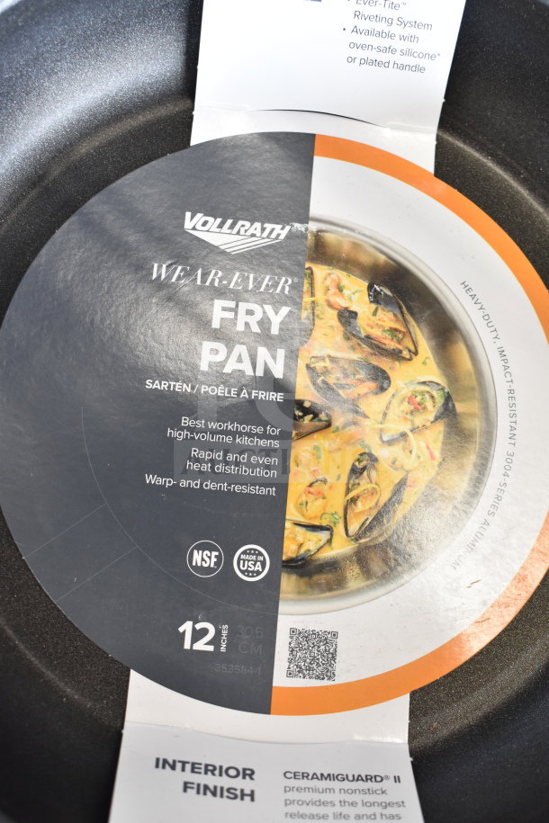 Vollrath Wear-Ever 12-inch fry pan, warp and dent-resistant, CeramiGuard II nonstick, NSF certified, made in USA.